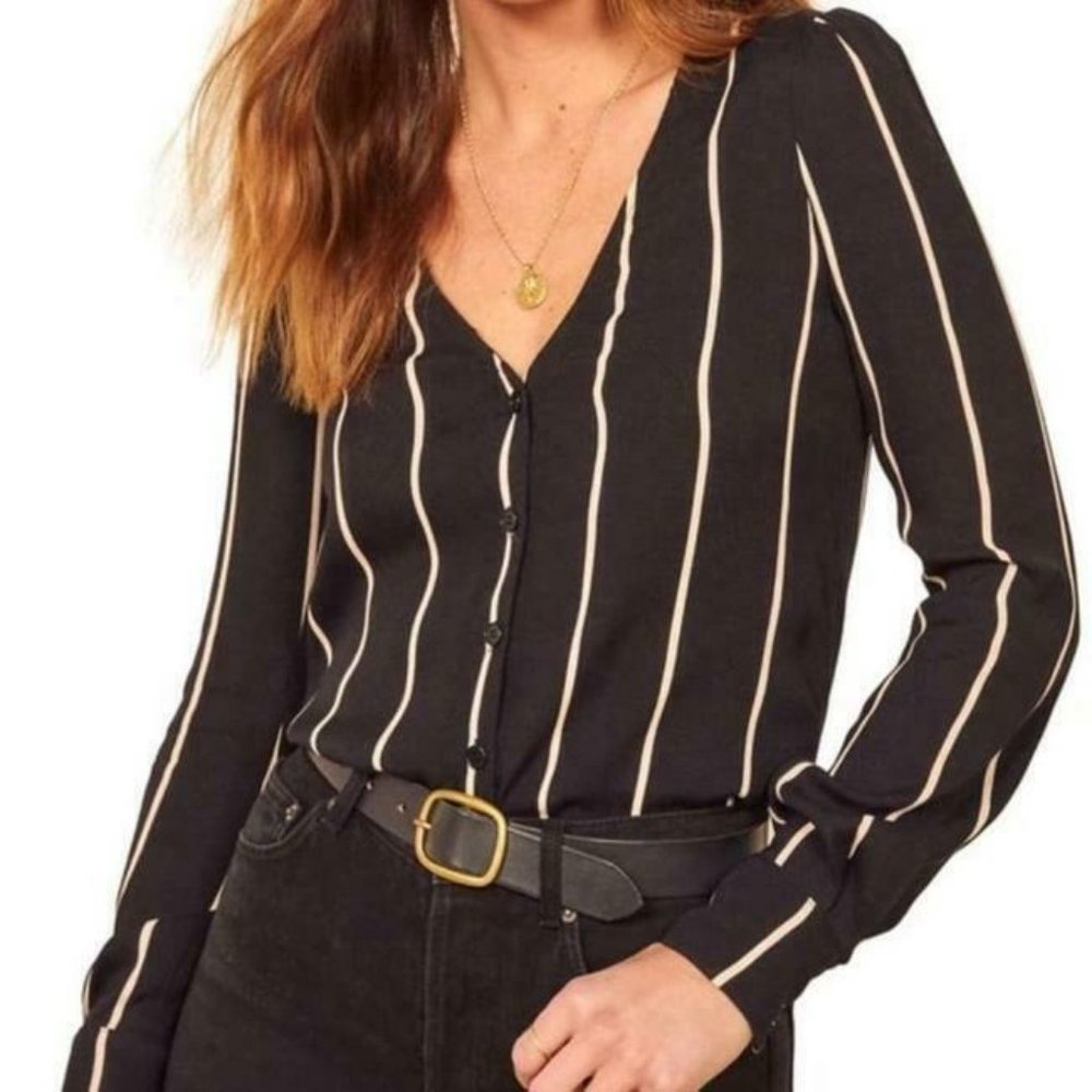 NEW REFORMATION Women's Size XS Black Annaliese Top Sinatra Stripe Blouse - Picture 2 of 10